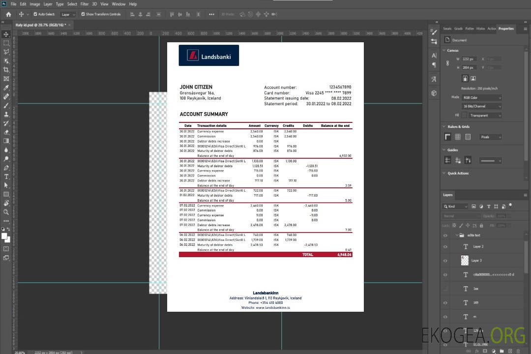 Relevé bancaire Islande Landsbankinn XLS template